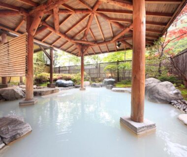 Milky hot spring pool under wooden shelter at Ryotei Hanayura in Hokkaidō, Japan