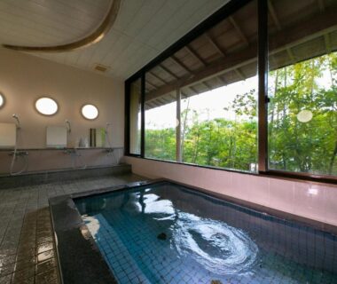 Tiled indoor bath and washing stations at Ryotei Jyusouya in Nara, Kansai