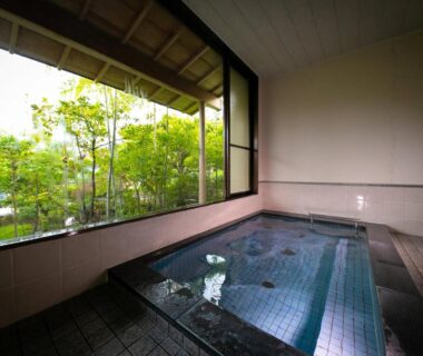 Indoor tiled onsen bath by large window overlooking greenery at Ryotei Jyusouya in Nara