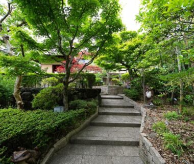 Stone steps through lush garden leading to Ryotei Jyusouya entrance in Nara, Kansai