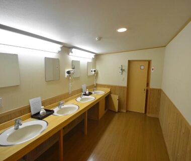 Three sinks and mirrors at Ryoufuso communal washroom in Mie, Kansai, Japan