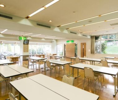 Spacious ryokan dining area with tables and green hillside view at Ryounkaku Matsunoyama onsen Niigata