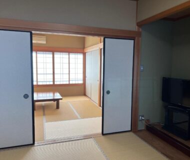 Tatami room with sliding fusuma and shoji screens, low table and TV at Ryujin Onsen Marui Ryokan, Wakayama