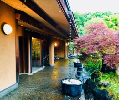 Covered veranda with sliding glass doors, stone water basins and maple beside a mossy garden at Ryutakuzenji, Gunma