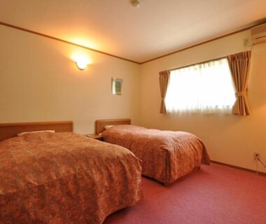 Simple twin room with two single beds, carpet and bedside lamp at Ryuudo in Gunma