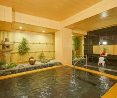 Wooden indoor onsen bath with stone garden, SEVEN SEAS HOTEL ITO, Shizuoka