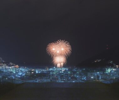 Night fireworks above town near SOKI ATAMI in Shizuoka, Chūbu, Japan
