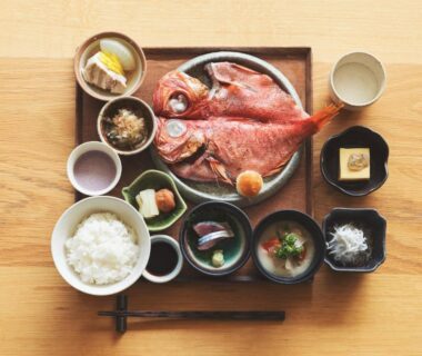 Grilled fish and assorted side dishes on a breakfast tray at SOKI ATAMI, Shizuoka, Chūbu, Japan