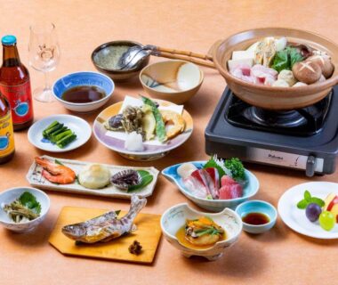 Hot pot and assorted Japanese dishes at Sachinoyu Hotel Shiga Kogen Nagano