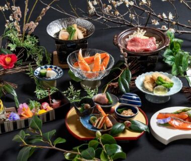 Assorted traditional Japanese dishes with seafood and garnishes at Sado Resort Hotel Azuma Niigata