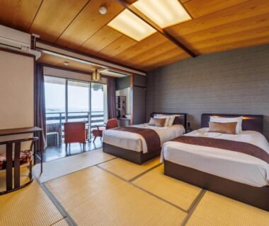 Twin beds on tatami with balcony at Sado Resort Hotel Azuma Niigata