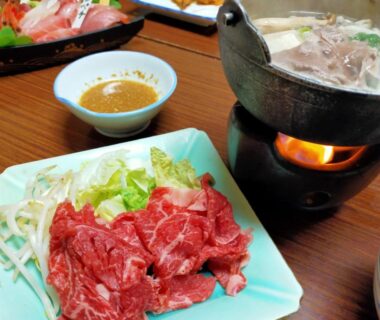 Thinly sliced meat with tabletop hot pot at Sado Ryosou Minato, Niigata, Chūbu, Japan