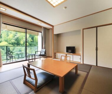 Traditional tatami room with low table and balcony overlooking wooded hillside at Saga Fuga in Saga, Kyushu