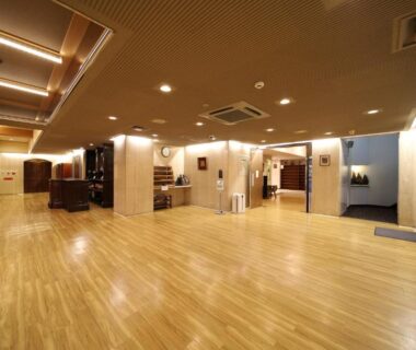 Open wood-floored ryokan lobby at Saga Grace Hotel, Kyoto, Kansai