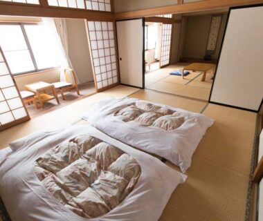 Two futon beds on tatami with shoji screens at Sagirisou in Nagano, Chūbu, Japan