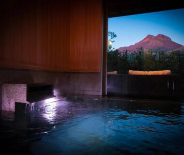 Warm indoor onsen at Saigakukan with mountain view in Ōita, Kyūshū