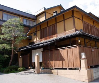 Traditional wooden facade and entrance at Saikatei Jidaiya in Yamagata, Tōhoku