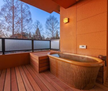 Outdoor wooden bathtub on terrace at Saiou no Miya, Mie, Kansai