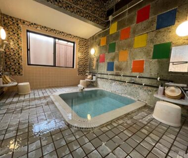 Indoor tiled onsen bath with mosaic wall and washing stations at Sakaenoyu Ryokan in Nagano