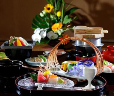 Assorted traditional multi-course meal at Sakahijiri gyokushoen in Shizuoka with sashimi and lacquerware