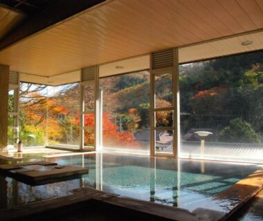 Indoor onsen pool with glass windows and autumn foliage at Sakaya Ryokan Yoshina Onsen, Shizuoka