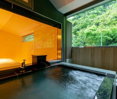 Indoor wooden onsen bath beside a sleeping alcove with glass partition at Sake Hotel Tamakiya, Chūbu Niigata