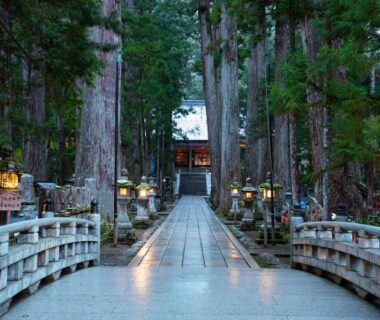 Stone bridge and lantern-lit cedar avenue leading to a traditional entrance at Sanso Amanosato in Wakayama