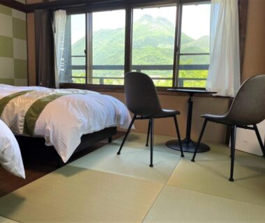 Tatami room with twin beds and chairs overlooking green mountains at Sanso Tanaka, Ōita