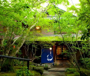 Stone path leading to Sanso Tensui entrance flanked by leafy green trees and traditional wooden facade