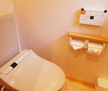 Compact bathroom with bidet toilet, control panel, wooden shelf and dual toilet paper rolls at Sansou Nagisa Kanagawa