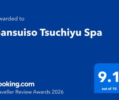 Blue Booking.com award badge showing 9.1 score for Sansuiso Tsuchiyu Spa in Fukushima