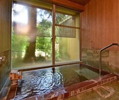 Indoor wooden onsen bath with stone edges and garden view at Sanyo-so, Chubu Shizuoka