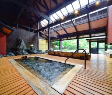 Spacious wooden indoor onsen with soaking tub, skylight ceiling and garden views at Sarugakyo Hotel, Gunma