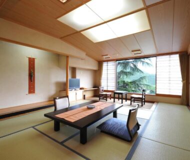 Traditional tatami room with low table, floor chairs, shoji screens and greenery visible through window at Sarugakyo Hotel, Gunma