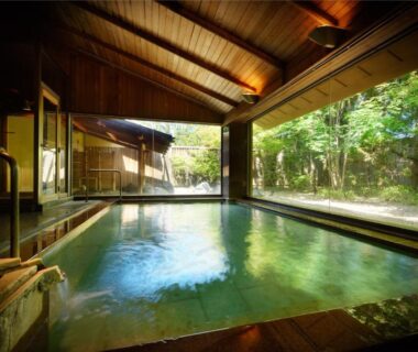 Indoor wooden onsen bath with garden view at Saryo Souen in Miyagi Tōhoku