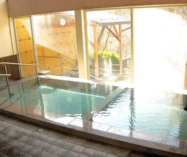 Indoor tiled onsen bath with large glass windows at Sawatari Onsen Miyataya Ryokan, Gunma, Kantō