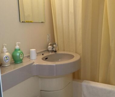 Compact bathroom with sink, toiletries, shower curtain and towel at Schole Hakuba in Nagano