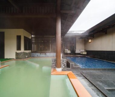 Indoor baths with green and blue water in a covered onsen area at Seifutei Fukushima