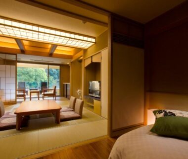 Tatami seating area with low table and western bed at Seiryu-so overlooking greenery in Shizuoka, Chūbu