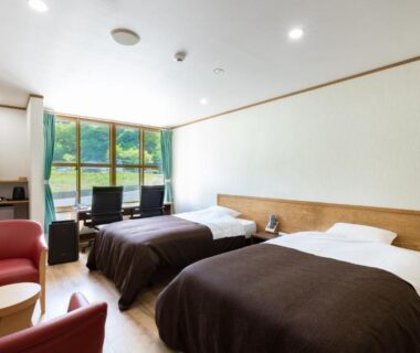 Twin room with two beds, seating area and large window overlooking greenery at Seiryukaku, Iwate, Tōhoku