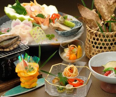 Assorted sashimi, shellfish and small seasonal dishes at Seizan Yamato in Shizuoka
