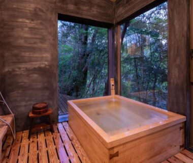 Indoor wooden soaking tub beside floor-to-ceiling windows overlooking forest at Sen-no-Mori ryokan in Kumamoto