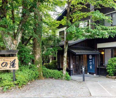Entrance facade with noren, wooden signboard and green trees at Sengokuhara Shinanoki Ichinoyu in Kanagawa