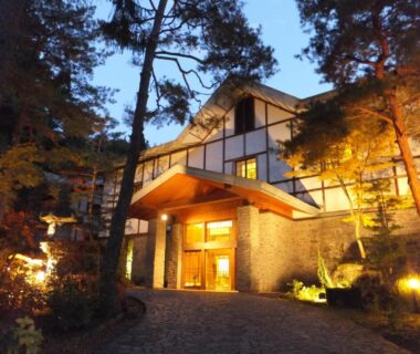 Warmly lit ryokan entrance with stone path and trees, Senjukaku, Nagano, Chūbu Japan
