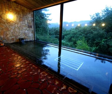 Stone-floored indoor onsen overlooking lush trees at Senkyo ryokan in Gunma, Kantō