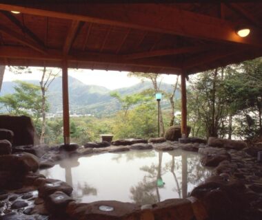 Roofed rock-edged onsen bath overlooking forested hills at Senkyoro, Kanagawa