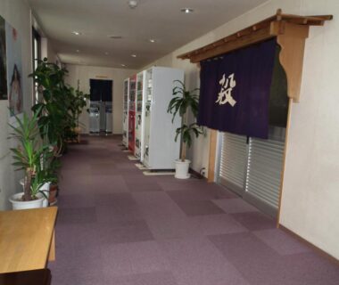 Carpeted corridor with noren and vending machines at Senshoen, Hokkaidō, Japan