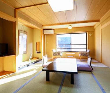 Tatami room with low table and window, Shibu Hotel Nagano