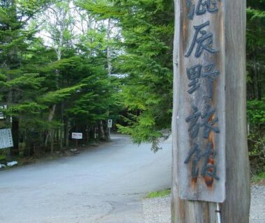 Vertical carved wooden sign beside tree-lined entrance path to Shibu Tatunokan in Nagano, Chūbu region