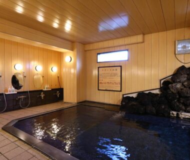 Wood-lined indoor onsen with rock feature and washing stations at Shiga Ichii Hotel in Nagano